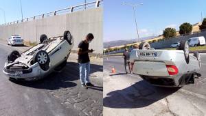 Direksiyon hakimiyetini kaybetti araç ters döndü