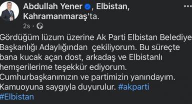 Abdullah Yener Adaylıktan Çekildi..