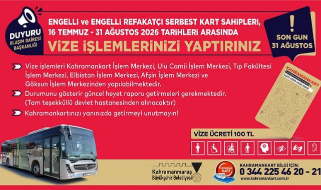 Engelli ve Engelli Refakatçi Serbest Kartlarında Vize Yenileme Dönemi Başladı..