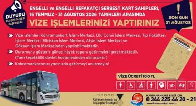 Engelli ve Engelli Refakatçi Serbest Kartlarında Vize Yenileme Dönemi Başladı..