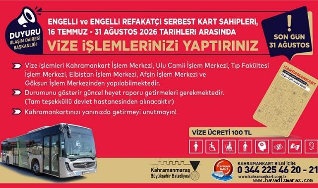 Engelli ve Engelli Refakatçi Serbest Kartlarında Vize Yenileme Dönemi Başladı..
