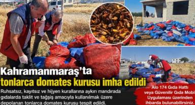 Kahramanmaraş’ta ruhsatsız mandırada tonlarca domates kurusu imha edildi